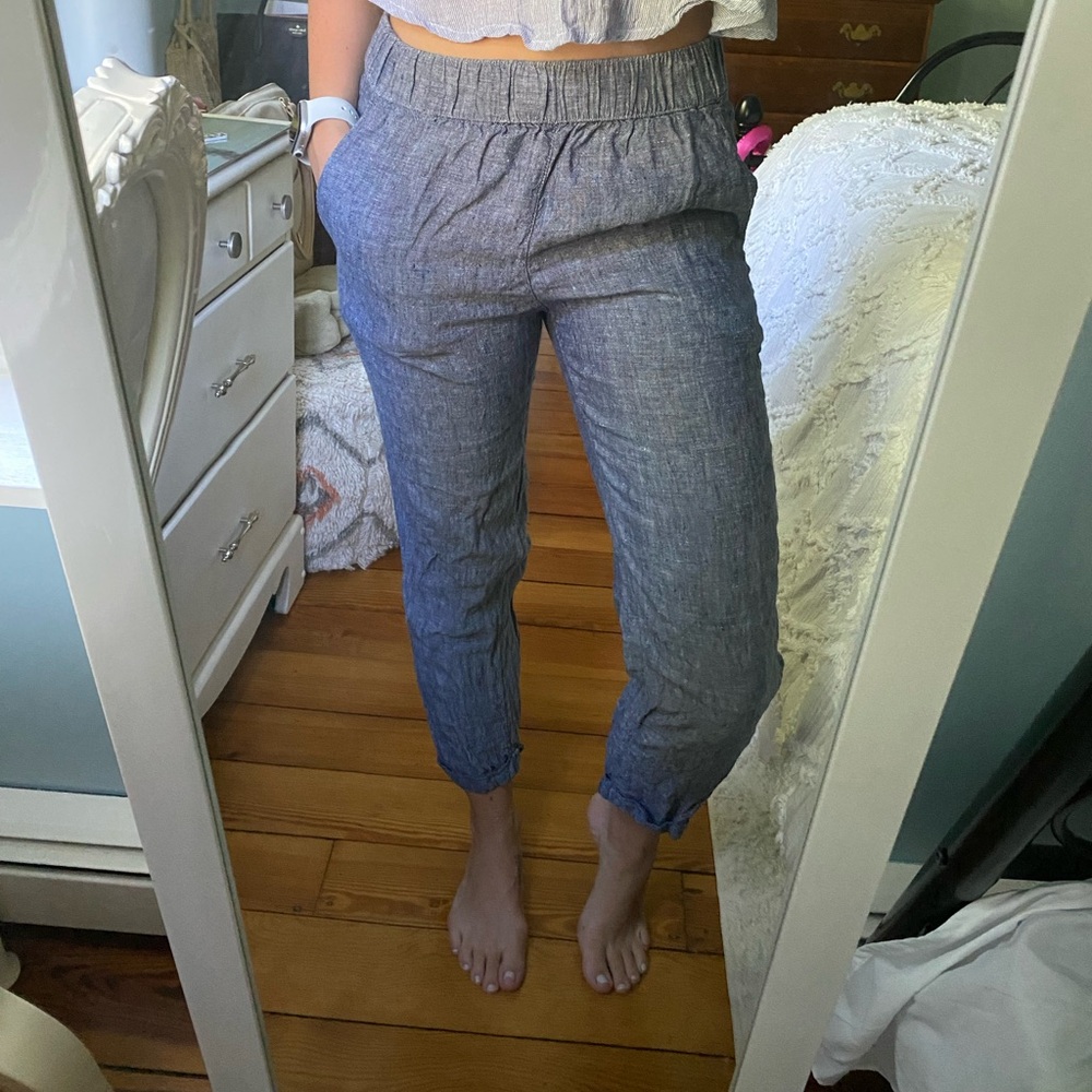 Blue Linen Straight Leg Pants